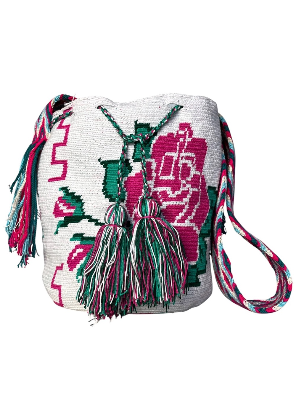 Artisan Wayuu Mochila Woven White Pink Rose Multi Strap Tassels Bucket Bag